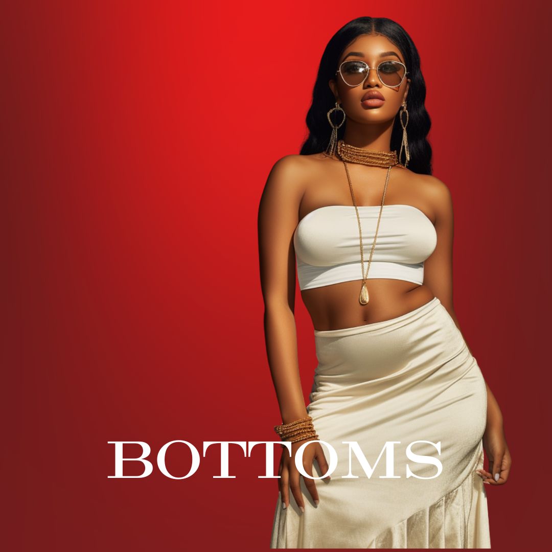 Person in white tube top and cream skirt, against a red background with "BOTTOMS" at the bottom.