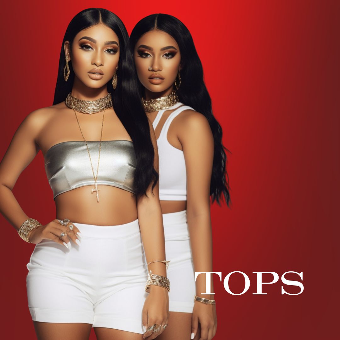 : Two people in stylish tops and white shorts against a red background, with "TOPS" displayed at the bottom.