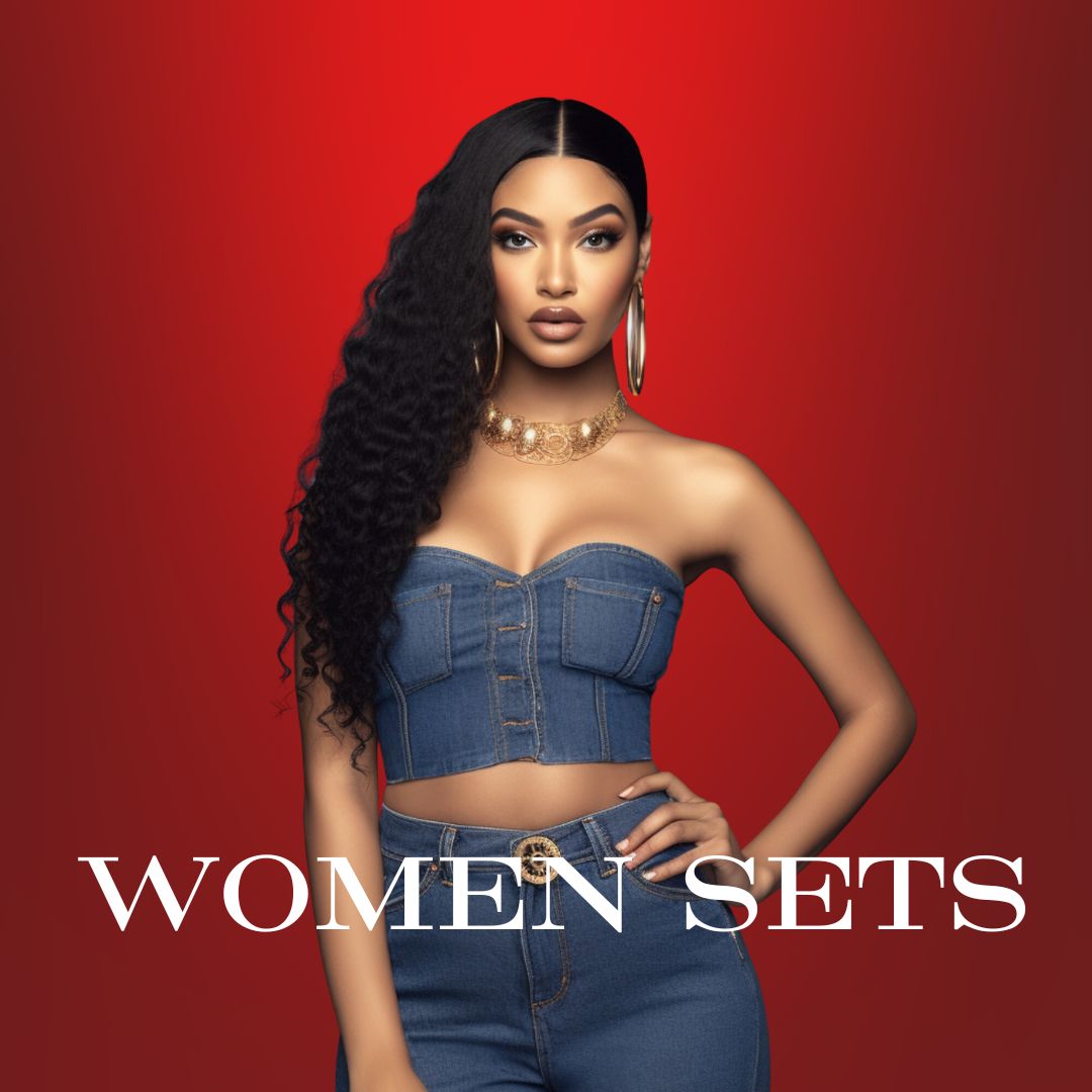 erson wearing denim strapless top and high-waisted jeans, against a red background with "WOMEN SETS" written in white