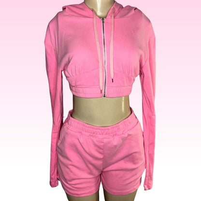 LDB Collections L “Women’s High-Waisted Pink Shorts and Cropped Hoodie Set - Athletic Summer Loungewear”