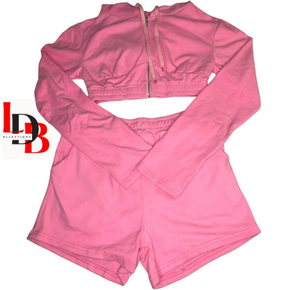 LDB Collections L “Women’s High-Waisted Pink Shorts and Cropped Hoodie Set - Athletic Summer Loungewear”