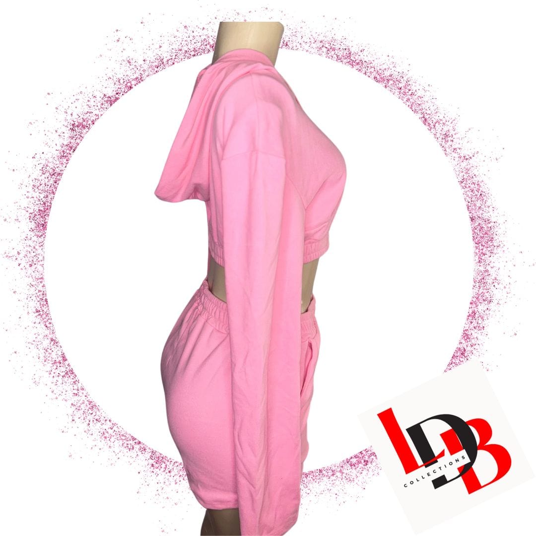 LDB Collections L “Women’s High-Waisted Pink Shorts and Cropped Hoodie Set - Athletic Summer Loungewear”