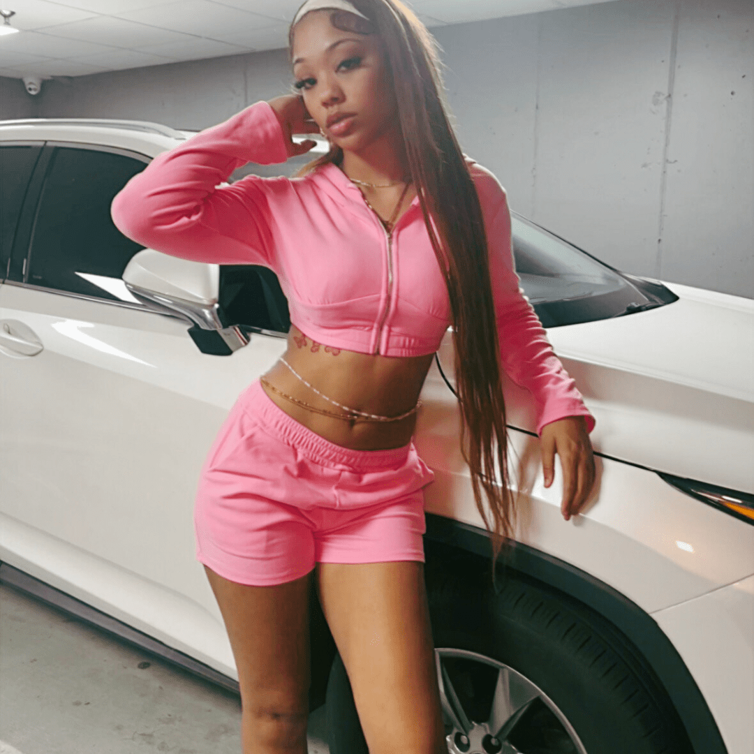 LDB Collections L “Women’s High-Waisted Pink Shorts and Cropped Hoodie Set - Athletic Summer Loungewear”