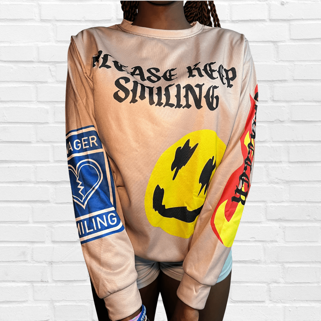 LDB Collections M Women's Graphic “Uplifting Smiley Face" Patch Sweatshirt