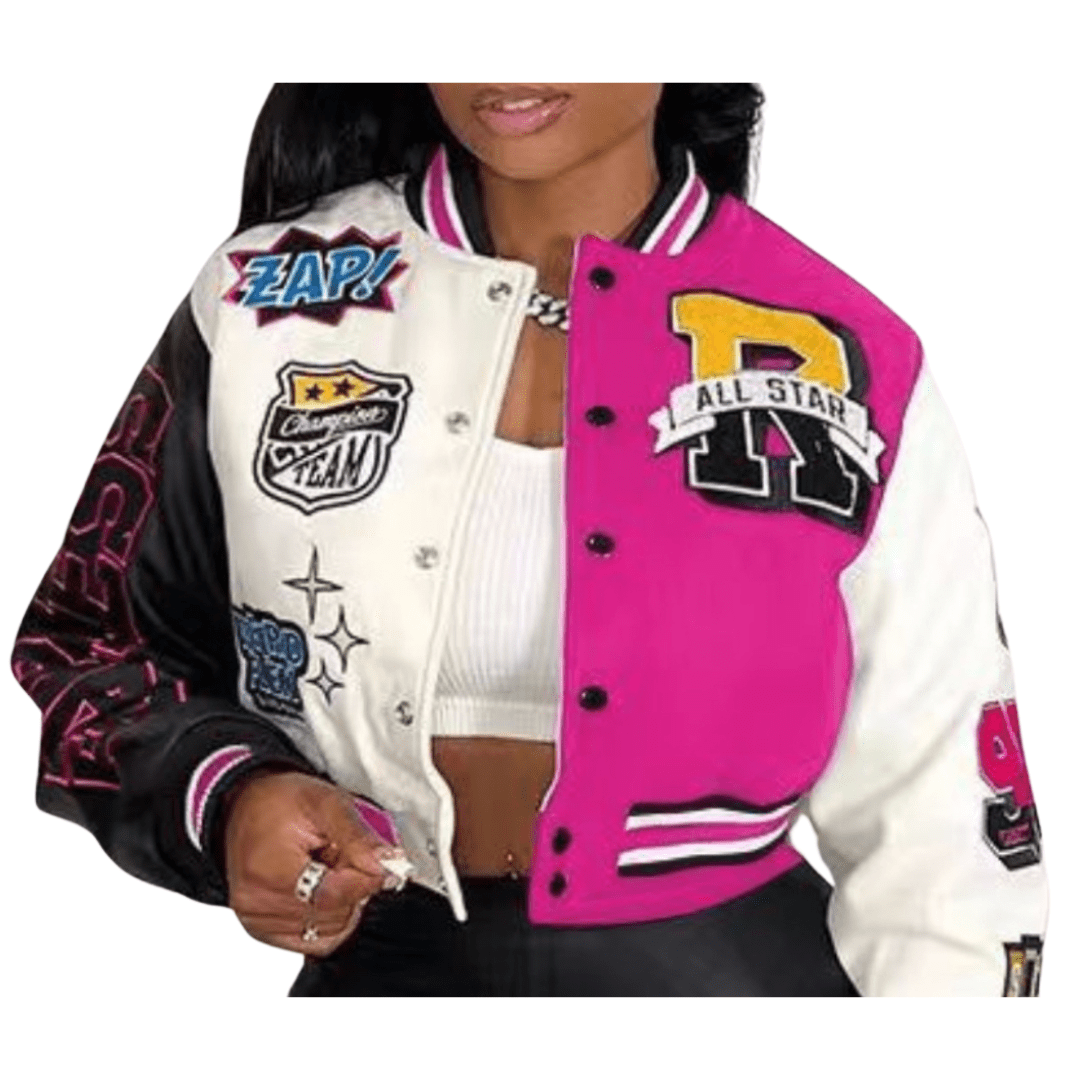 LDB Collections “Retro-Inspired Varsity Jacket with Graphic Patches”