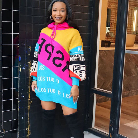 LDB Collections Sweater One size fits all / Blue Colorful Sweater Mini Dress Hoodie Dress Colorful Sweater Mini Dress Hoodie Dress