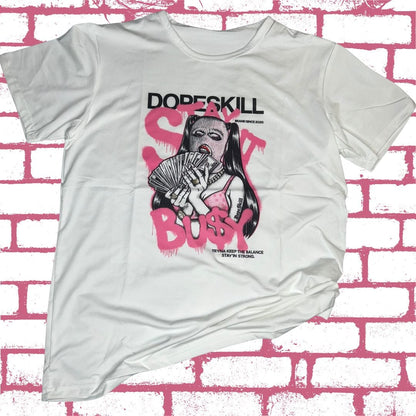 LDB Collections T-Shirt L “DOPESKILL BOSS Graffiti Style White T-Shirt - Urban Streetwear Graphic Tee - Trendy Fashion