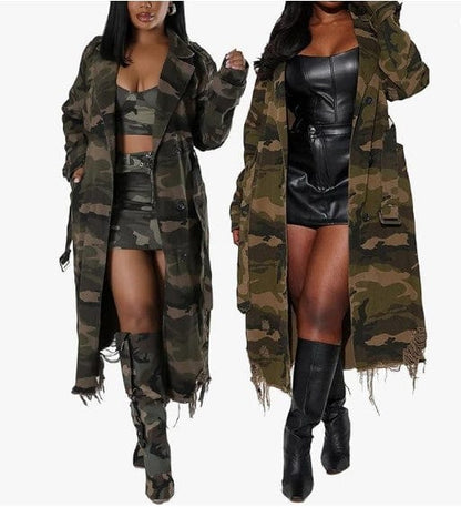 LDB Collections Women's Green Camo Distressed Army Fatigue Trench Long Jacket Overcoat with Belt Coat Women's Green Camo Distressed Army Fatigue Trench Long Jacket Overcoat with Belt Coat