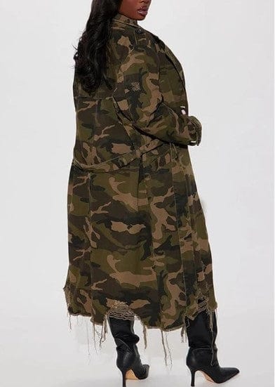 LDB Collections Women's Green Camo Distressed Army Fatigue Trench Long Jacket Overcoat with Belt Coat Women's Green Camo Distressed Army Fatigue Trench Long Jacket Overcoat with Belt Coat