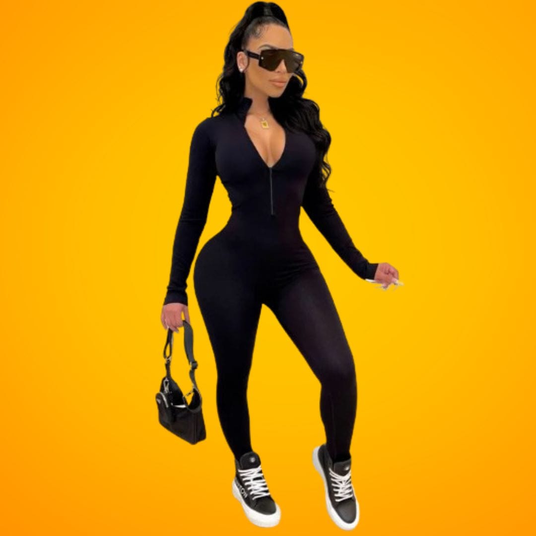 LDB Collections Zippered Long-Sleeve Bodycon Fitted Jumpsuit Yoga Gym wear with High Waist Design Zippered Long-Sleeve Bodycon Fitted Jumpsuit Yoga Gym wear with High Waist Design